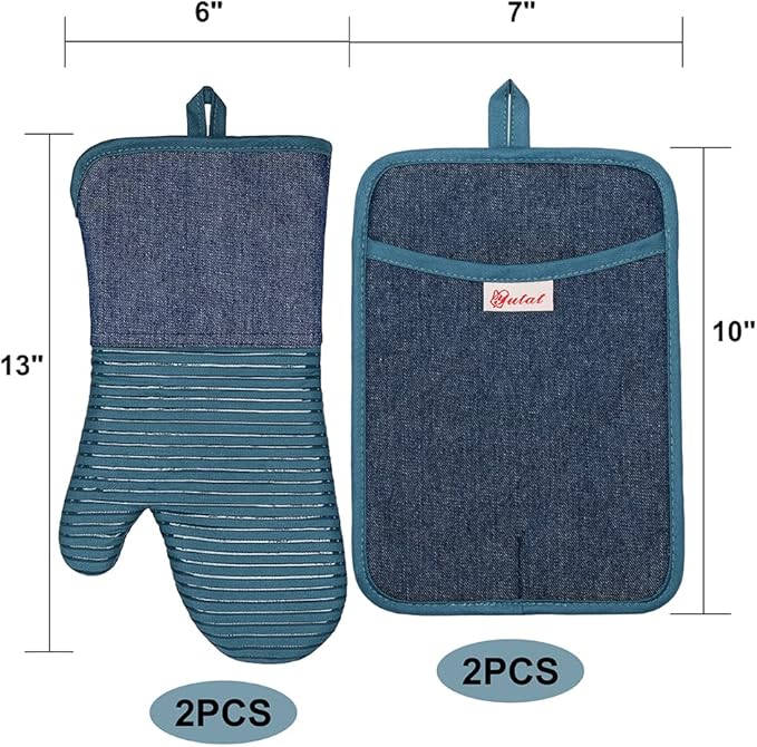 Yutat Oven Mitts, Pot Holders Set of 4 Made with Pure Cotton and Food Grade Non-Slip Silicone - 500 F Heat Resistant Oven Mitts and Pot Holders Sets for Kitchen Cooking (4pcs Set, Pc Blue and Denim)