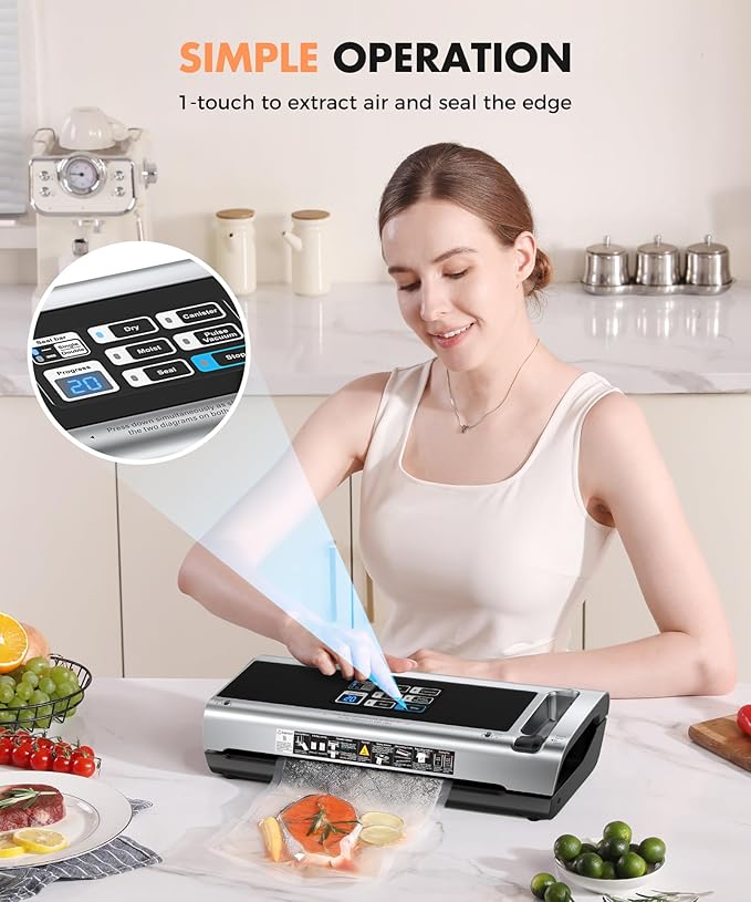 Food Vacuum Sealer Machine, 95KPa Powerful Food Saver with Dry/Moist/External Vacuum Modes, Built-in Cutter & Bag Storage, Single/Double Sealing, 1 Bag & 15 Pre-cut Bags