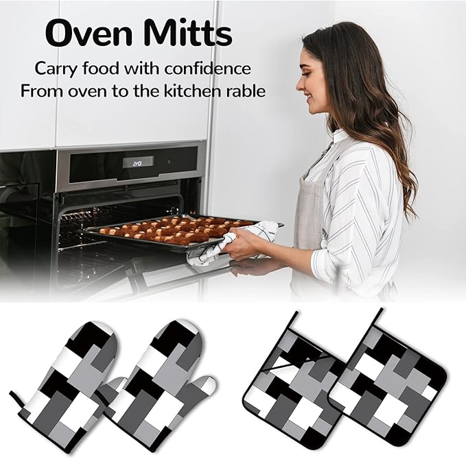 White Black Grey Oven Mitts and Pot Holders Sets of 4 Geometric Oven Mitts Oven Gloves Pot Holders and Oven Mitts for Kitchen Baking Cooking Grilling (Grey)