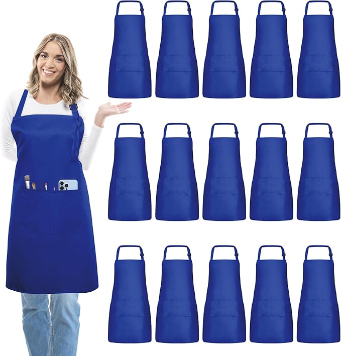 15 Pcs Adult Aprons Bulk with Pockets Adjustable Bib Chef Apron for Women Men Painting Cooking Crafting (S/L)