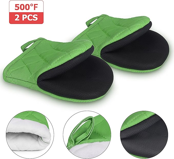 Short Oven Mitts, Heat Resistant 500°F, Silicone Grip Kitchen Gloves, Non-Slip for Baking, Grilling, BBQ, Machine Washable with Hanging Loop, 2-Pack Set, Dark Green