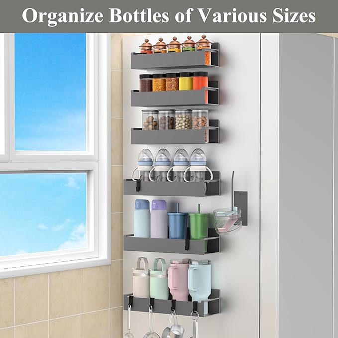 HuggieGems Magnetic Water Bottle Holder for Refrigerator, Cup Holder Organizer for Stanley and Tumbler for Kitchen, 6 Pack, Dark Gray