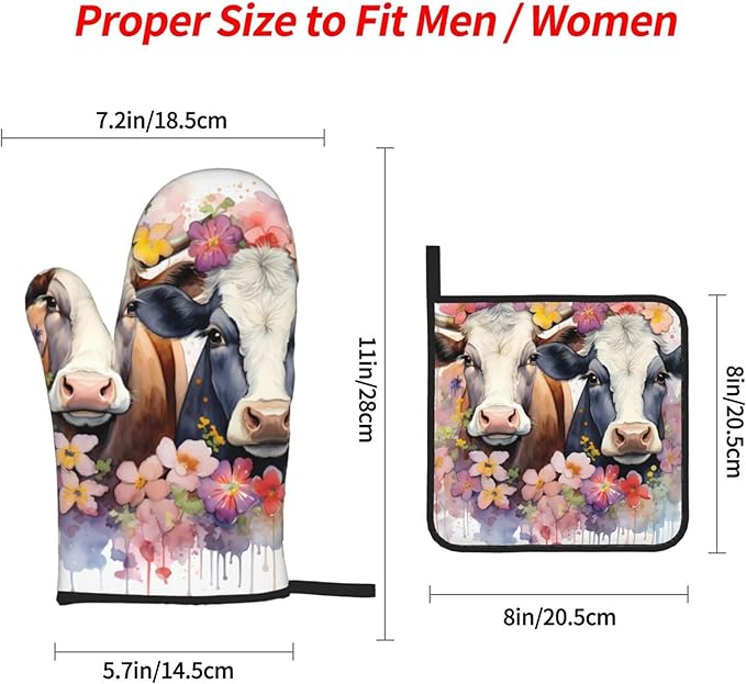 Watercolor Cows Oven Mitts and Pot Holders Sets Daisy Flower Kitchen Oven Gloves Heat Resistant 500 Degrees Oven Mitt and Hot Pad for Cooking BBQ Baking Grilling