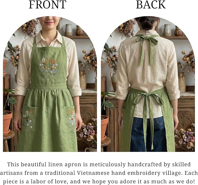 +Linen Embroidered +Apron For +Women With +Pockets, Cute Kitchen Apron, +Cooking +Baking Gifts For Her