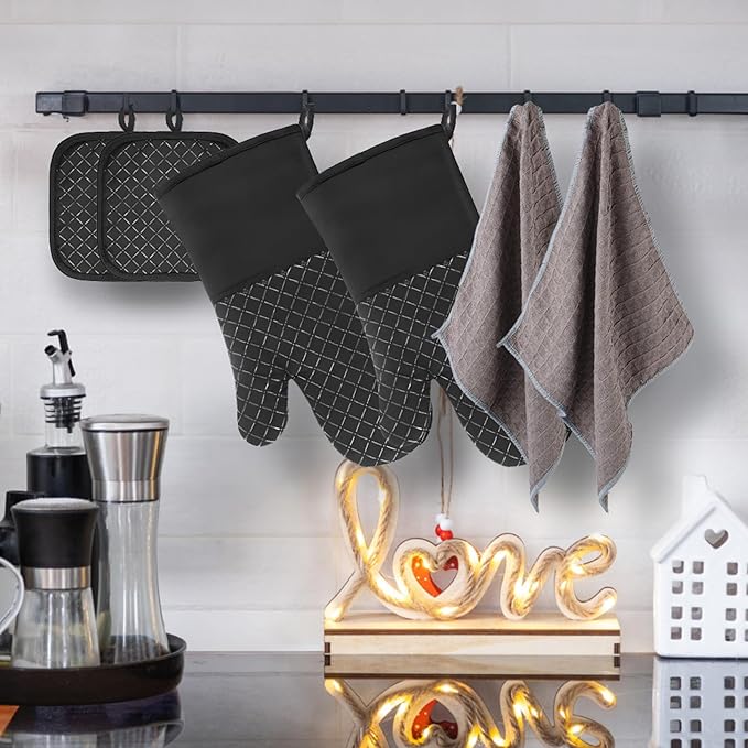 Philorn Oven Mitts and Pot Holders 6pcs, Kitchen Oven Glove High Heat Resistant 500℉ Extra Long Oven Mitts and Potholder with Non-Slip Silicone Surface for Baking, Cooking, BBQ (Black)