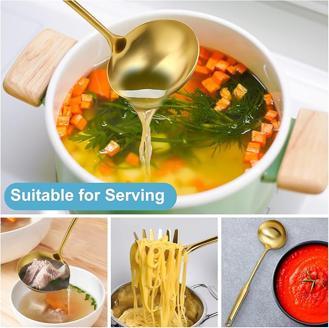 Gold Soup Ladle - Stainless Steel Ladle Spoon, 13.8"Large Soup Spoons [Integral Forming, Heat Resistance] Kitchen Metal Ladel for Cooking, Serving, Stirring, Canning，Sauce, Wok & Soup, Christmas Gifts