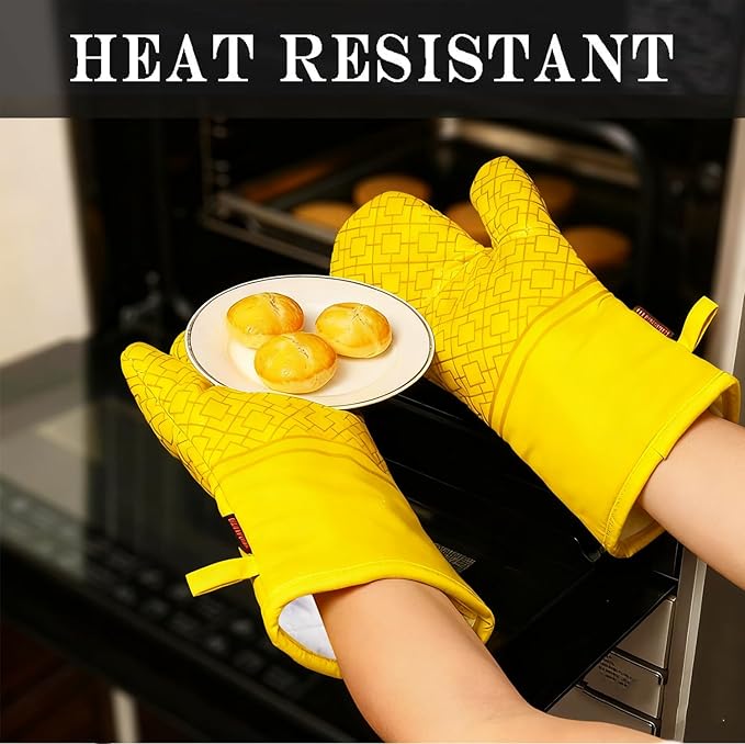 Oven Mitts and Pot Holders Sets 6pcs, Kitchen Oven Glove,High Heat Resistant 550 Degree Extra Long Oven Mitts and Potholders with Non-Slip Silicone Surface for Home Essentials (Grey) (Yellow)