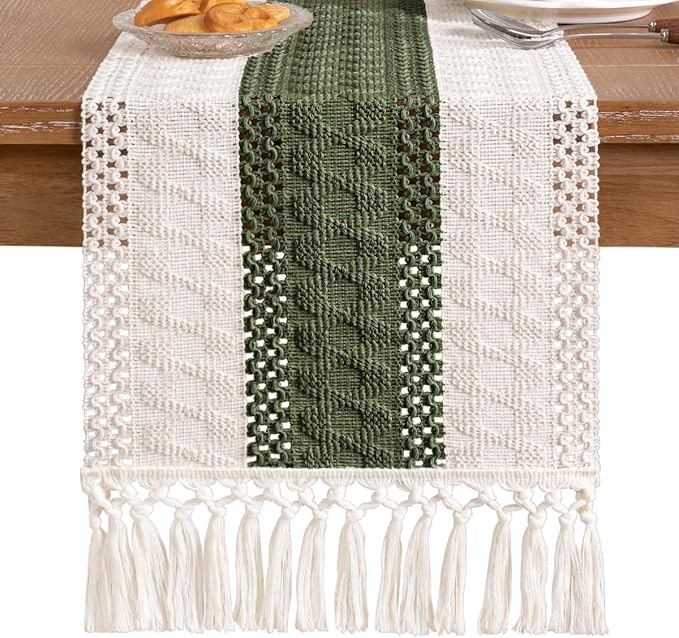 Socomi Boho Table Runner Easter Spring Farmhouse Rustic Dining Kitchen Centerpiece Decor Small Macrame Woven Cotton Linen Coffee Table Runner for Dresser Scarf Home Decor 12x48 inch Olive Green