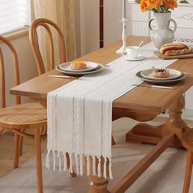 Niviy White Table Runners 90 Inches Long with Tassels, Ivory Embroidered Table Runner Farmhouse Rustic Linen Runners for Dresser Scarf Home Decor (White, 12"×90")