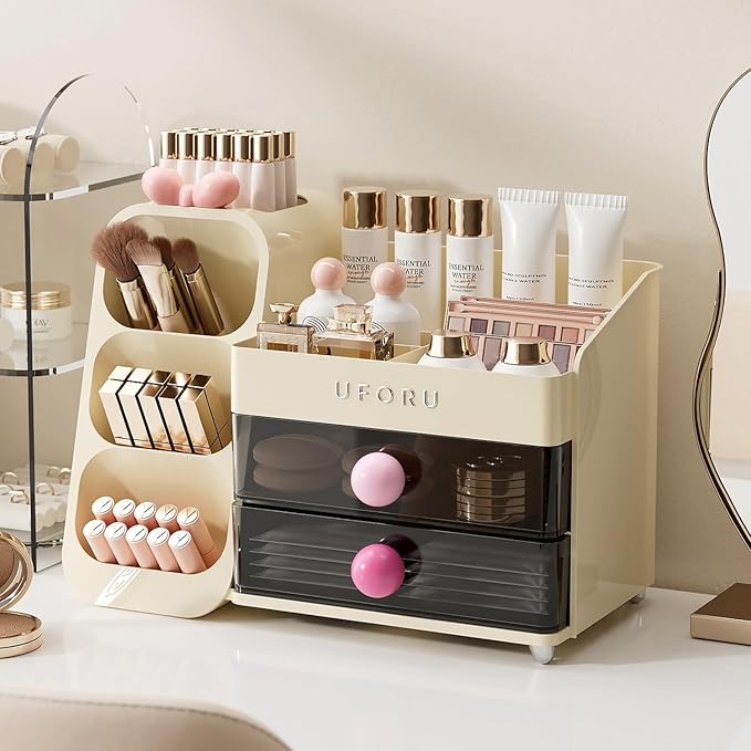 Makeup Organizer for Vanity with Brush Holder, Large Plastic Bathroom Countertop Skincare Organizer with 2 Drawers, Spacious Cosmetic Display Case for Perfumes, Eyeshadow Palettes, Nail Polishes