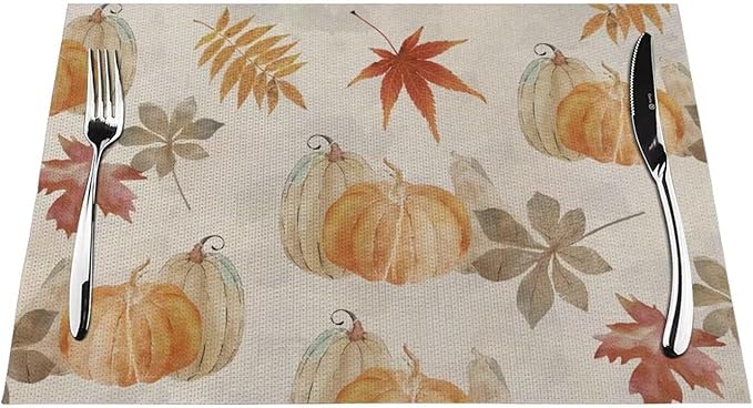 Fall Pumpkin Placemats 12x18 Inch Set of 4, Pumpkin Maple Leaf Watercolor Table Place Mat Autumn Thanksgiving Harvest Washable Table Mats Decorative Linen Fabric Table Mat for Dining Table