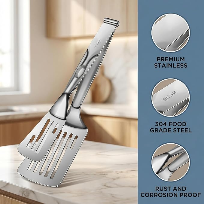 Durable 304 Stainless Steel Spatula Tongs, Rust-Proof 2-in-1 Cooking Tongs for High Heat, Solid One-Piece Design Food Turner, Professional Kitchen Essential