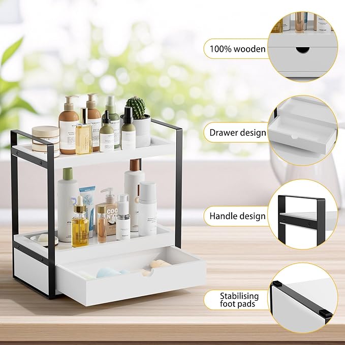 Boulphia 2-Tier Bathroom Organizer Countertop with Drawer, Wood Bathroom Counter Shelf for Storage, Vanity Organizer Countertop for Kitchen, Office