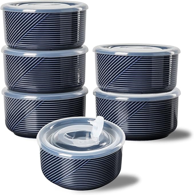 Ceramic Bowls with Lids: 20 oz Microwave Safe Food Storage Containers for Soup, Salad, Cereal, Leftovers, Meal Prep, Lunch, Picnic, Camping, Serving - Airtight, Navy, Set of 6