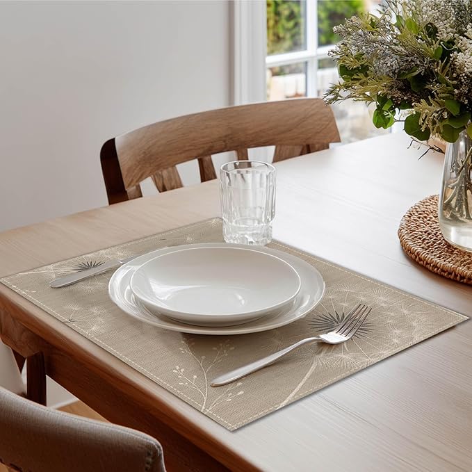 HOMETITUTE Dandelion Linen Placemats Set of 4 12x18 inch Spring Table Mats for Dining Table Farmhouse Decorations Kitchen Decor Desk Mat for Outdoor Home Party Kitchen Seasonal Dining Decor