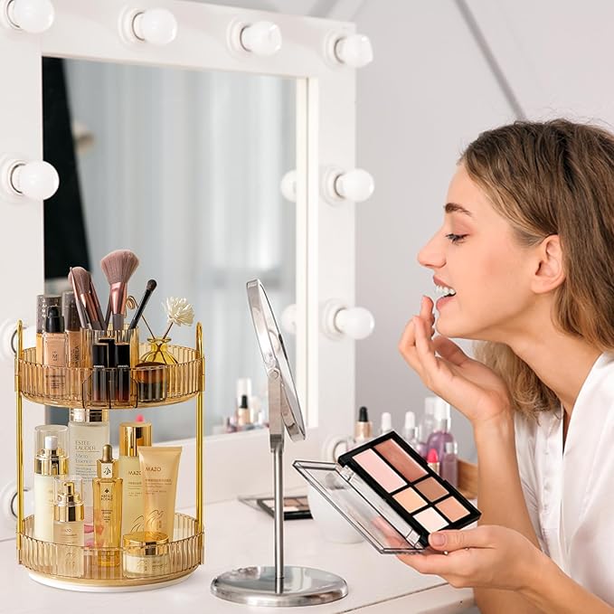 shuang qing Rotating Makeup Organizer for Vanity, High-Capacity Skincare Clear Make Up Storage Perfume Organizers Cosmetic Dresser Organizer Countertop 360 Spinning (Gold, New-2 Tier)
