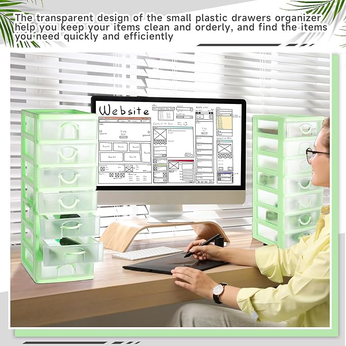 Thyle 2 Pcs Plastic Drawers Organizer Mini Organizer Stackable Plastic Clear Drawer Storage Box Containers Storage Units for Desktop Classroom Craft 6.7 x 4.9 x 13.4 inches(Green)