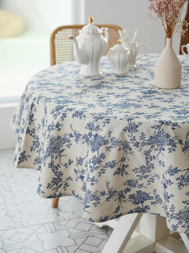 YiHomer Pastoral Round Tablecloth - 48 Inch Dia. Table Cloth - Washable Table Cover with Dust-Proof Wrinkle Resistant for Restaurant, Picnic, Indoor and Outdoor Dining, Floral (Dark Blue)