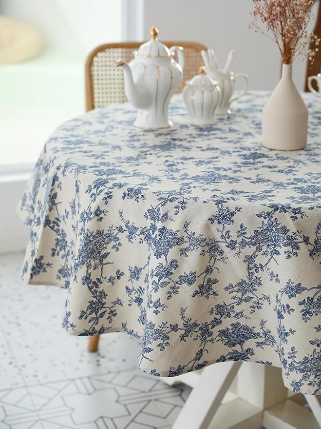 YiHomer Pastoral Round Tablecloth - 60 Inch Dia. Table Cloth - Washable Table Cover with Dust-Proof Wrinkle Resistant for Restaurant, Picnic, Indoor and Outdoor Dining, Floral (Dark Blue)