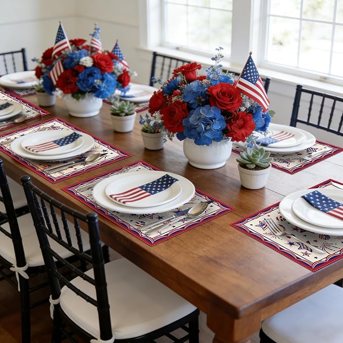 comfoyar America Stars 4th of July Placemats Set of 4, 12x18 Inch Non-Slip Linen Independence Day Place Mats, Washable Absorbent Table Mats for Kitchen Dining Party Table Decoration