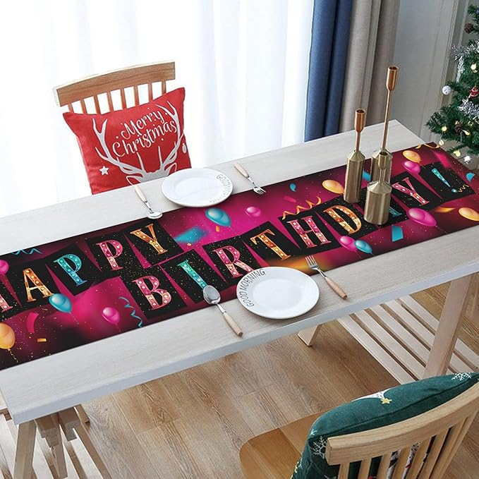 Happy Birthday Table Runner 13x72 Inch Colorful Birthday Balloon Ribbon Farmhouse Polyester Linen Table Decoration for Kitchen Dinning, Indoor Outdoor Home Dinner Party (Brilliant)