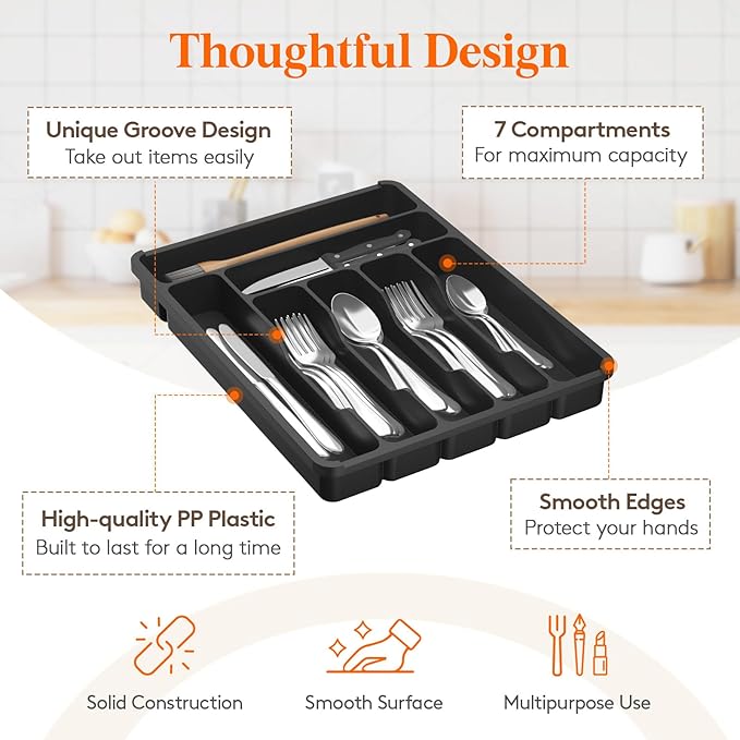 Lifewit Silverware Organizer with Lid, Covered Utensil Tray for Kitchen Drawer and Countertop, Plastic Cutlery and Flatware Storage Box for Spoons Forks Knives Holder Case, 29 x 37cm, Black