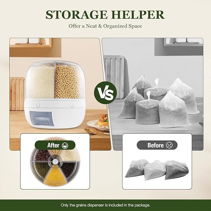 Rice Dispenser, 6 Grid 360° Rotating Rice Container Cereal Holder with Lid & Measuring Cup, Grain Storage Organizer for Kitchen Countertop Dry Food, White, 6kg/13lbs