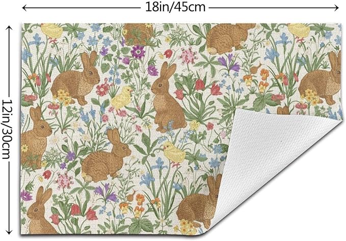 Spring Place mats Set of 4,12x18 Inches Cute Brown Rabbit Floral Placemats Rectangle Easter Decor Bunny Flower Linen Table Mats for Party Home Kitchen Dining Table Decoration