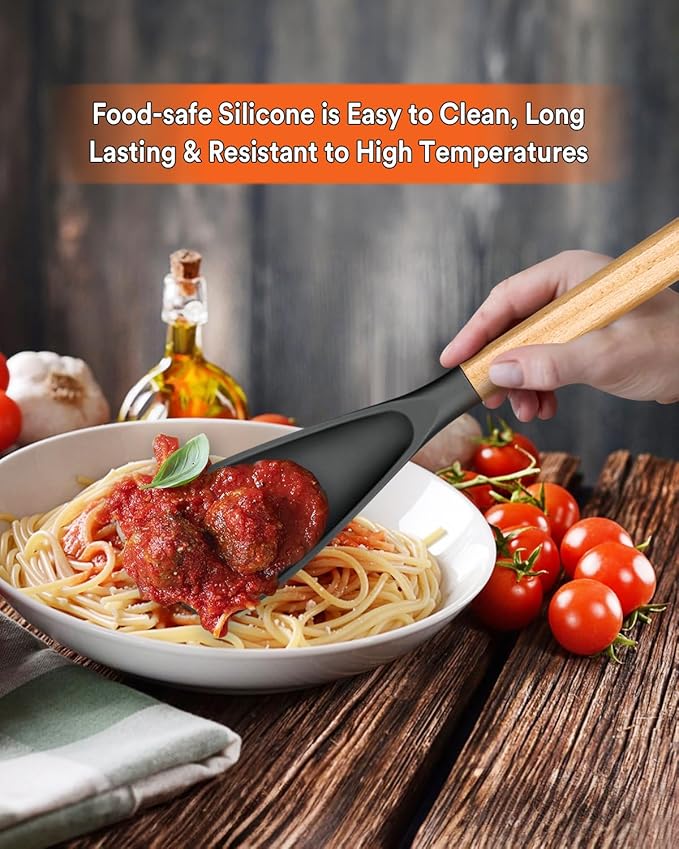Cooking Spoon for Nonstick Cookwares, Great for Cooking and Serving Sturdy BPA-Free Matte Silicone, Wood Handle Spoon for Mixing, Scoop, and Scrape (2 Pack of Grey, 13.4 inch)