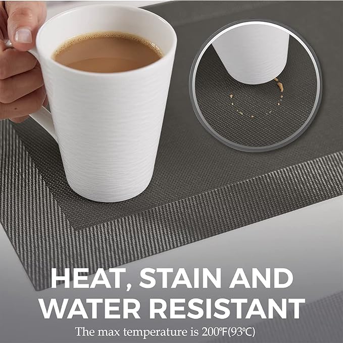 More Décor Dining Table Placemats, Washable Heat-Resistant PVC Vinyl Table Mats for Dining Room and Kitchen, Anti-Slip - Set of 6 - Grey