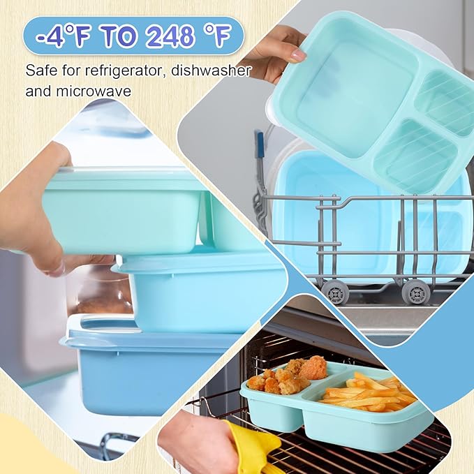 Honeydak 5 Pack Snack Containers 3 Compartment Bento Snack Boxes Divided Meal Prep Containers with Lids Reusable Adults Lunch Food Storage Box for School Work Travel(Glacier Color)