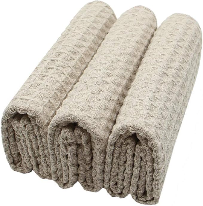 Waffle Weave Absorbent Kitchen Dish Towels - Thick Microfiber 16Inch x 24Inch 3 Pack Khaki