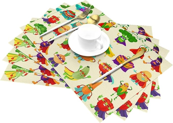 Vibrant Superhero Vegetable Linen Placemats Set of 4, Heat Resistant Non Slip Cute Place Mats for Dining Table, Kitchen, Kids’ Party, Family Gathering, Whimsical Home Decor, Gift for Children Parents