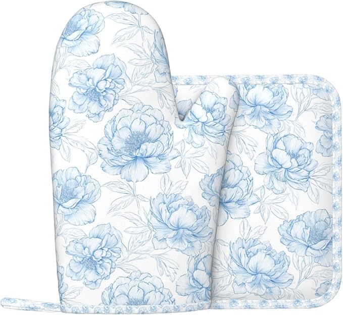 Oven Mitts and Pot Holders Flower Pastel Blue Floral Silicone Kitchen Accessories Set of 2 Heat Resistant Long Gloves Potholder Non-Slip Grip for Chef Cooking,Baking,Grilling,BBQ