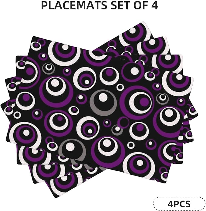 Purple Black Geometric Circles Linen Placemats 12 x 18 Inch Set of 4, Washable Heat Resistant Purple Table Mats for Dining Table Kitchen Party Wedding Outdoor, Modern Home Decor & Gift for Art Lovers