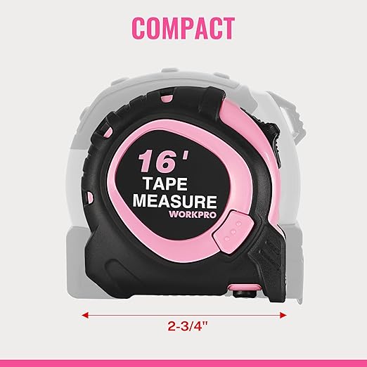 WORKPRO 16-FT Tape Measure with Fractions, 3 Brakes Retractable Measuring Tape, Compact Measurement Tape with Magnetic Hook, Nylon Coating Blade Accuracy 1/32”, Pink