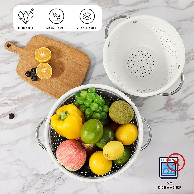 Rorence Powder Coated Steel Colanders: 3 Quart and 5 Quart Set of 2 - White