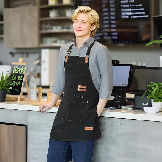APRONPANDA Chef Apron for Men Women with Pockets Adjustable Strap, Water Repellent Apron for Cooking, Baking