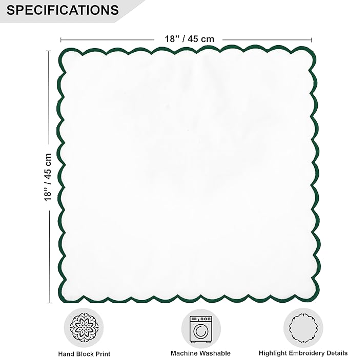 Ridhi Cloth Napkins 100% Pure Cotton Farmhouse Wedding Dinner Napkins Gift for Spring, Easter, Valentine, Holiday, Everyday Napkin (4-18" x 18" White with Emerald Green Edge)