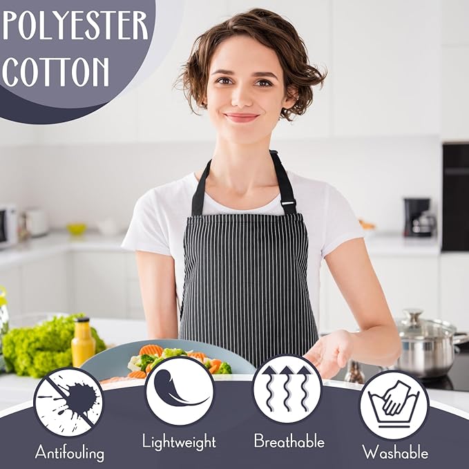 Handepo 12 Pcs Cotton Aprons for Women Men with Pockets Soft Adjustable Bib Stripe Aprons for Cooking Kitchen Chef