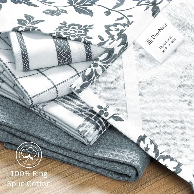 Assorted Kitchen Towels 100% Cotton 16x26 Inch - Super Absorbent, Soft & Quick Drying, Multi-Purpose for Drying & Cleaning, Ideal for Kitchen & Home Use, Set of 5 Low-Lint Dish Towels Grey