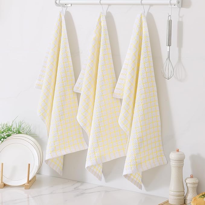 Homaxy 100% Cotton Kitchen Towels 6 Pack-15 X 25 Inches, Check Design Waffle Weave Hand Tea Towels, Super Soft and Absorbent Dish Towel for Drying Dishes, Yellow