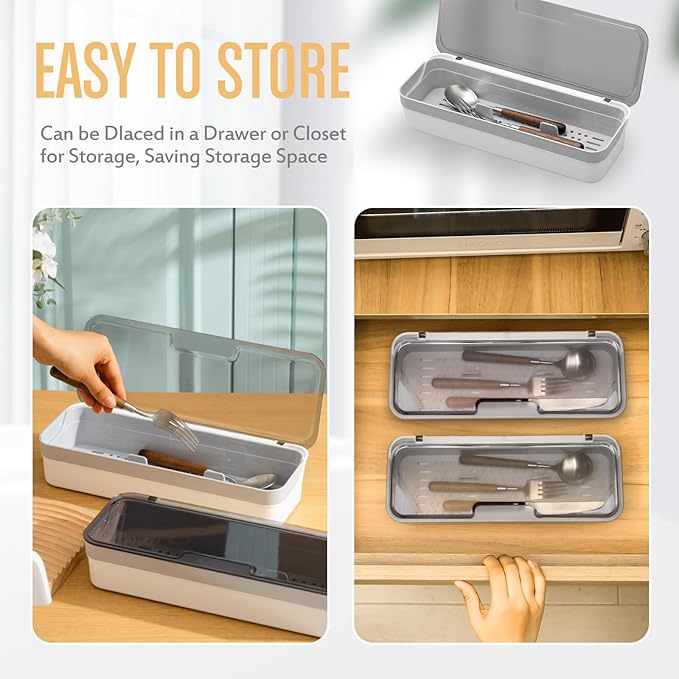LemonRoad 2 Pcs Plastic Kitchen Drawer Organizer with Lid and Drainer, Utensil Organizer, Gray Flatware Storage Box and Drain Rack Suitable for Home Kitchen, Spoons, Forks, Knive, Silverware Flatware