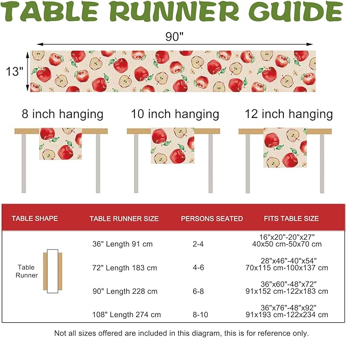 Watercolor Apples Table Runner, Sweet Fruit Kitchen Dining Table Decoration, Spring Summer Burlap Indoor Outdoor Home Decor Party Supply 13 x 90 Inches