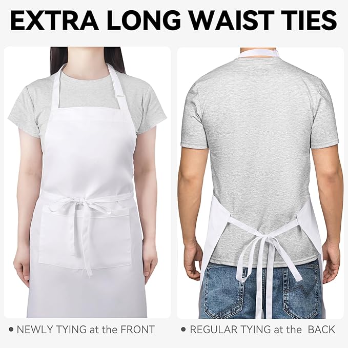 2 Packs White Apron, Adjustable Cooking Aprons, Waterdrop Resistant Kitchen Aprons for Women Men Chef, BBQ Drawing(White,2)