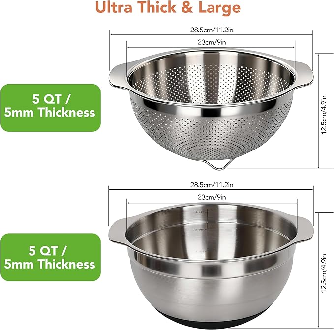 304 Stainless Steel Colander, 5 QT Large Capacity and 5QT Mixing Bowl, 2mm Micropore Strainer for Washing Rice, Fruit, and Veggies, Perfect Draining for Cooked Pasta