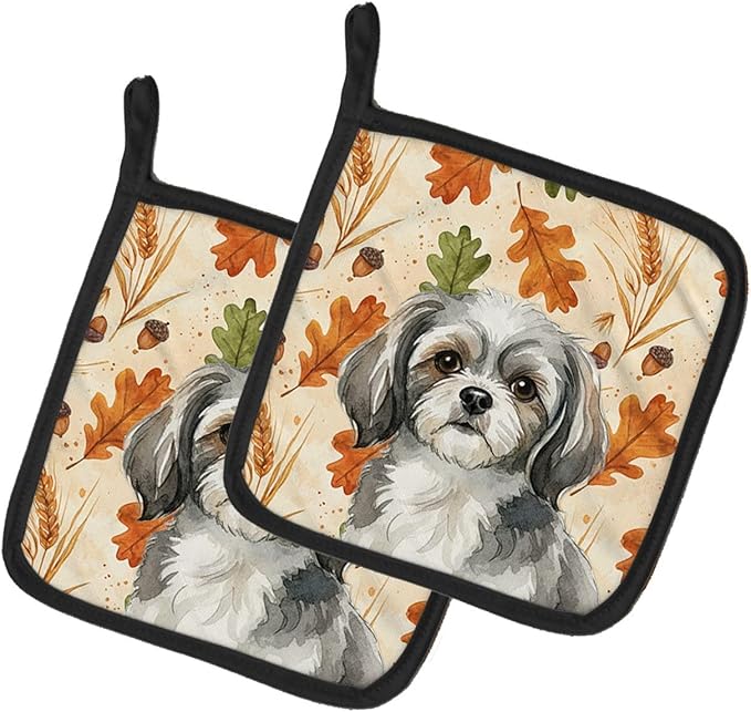 Caroline's Treasures Grey and White Tibetan Spaniel Heirloom Fall Pair of Pot Holders Pair 7.5x7.5 Quilted Insulated Hot Pads Decorative Kitchen Gift Made in USA