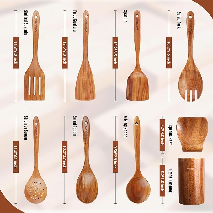 Wooden Spoons for Cooking, 9 PCS Teak Wood Cookware Utensil Set - Smooth Finish, Non-Stick, Comfortable Grip, Heat Resistant Kitchen Utensils Gift Box