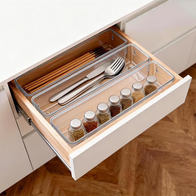 Ohlove 6 Pcs Large Clear Plastic Drawer Organizers Tray 12"x3" Storage Bins with 25 Pcs Non-Slip Pads for Makeup, Jewelries, Kitchen Utensils, Bathroom and Office