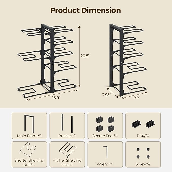 LAMU Pots and Pans Organizer under Cabinet 20.8" Height, 8 Tier Heavy Duty Pan Organizers inside Cabinet with Adjustable Pot Rack, Holds up to 120 LB for Stockpots Dutch Ovens and Cast Iron Cookware